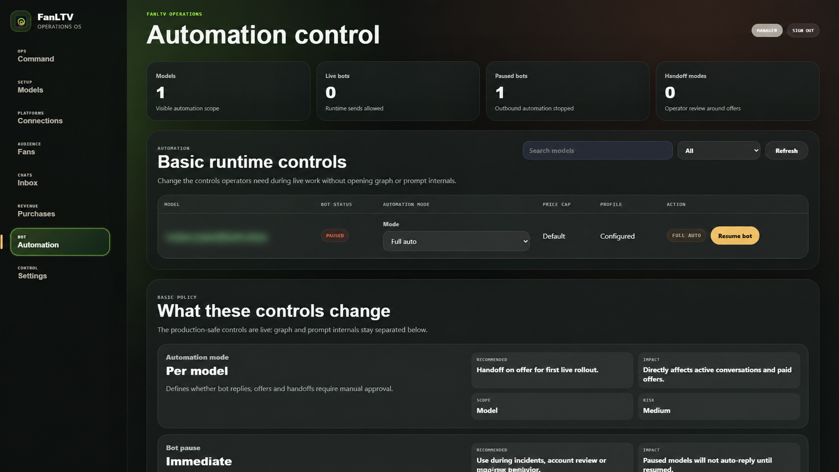 FanLTV automation control with model identity redacted, showing mode, pause status, and runtime controls
