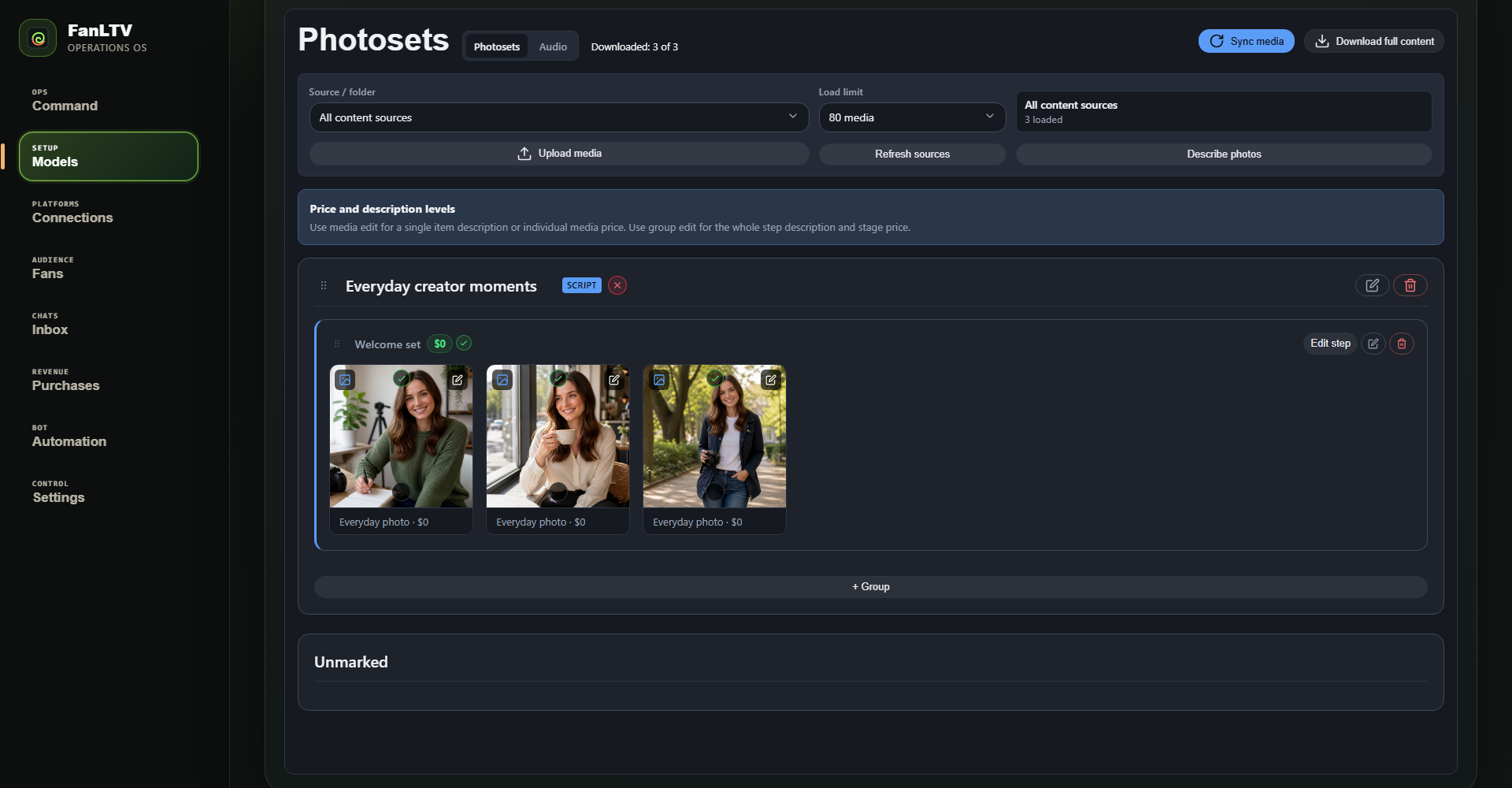 FanLTV content workspace showing a photoset, ordered script step, prices, and individual media previews