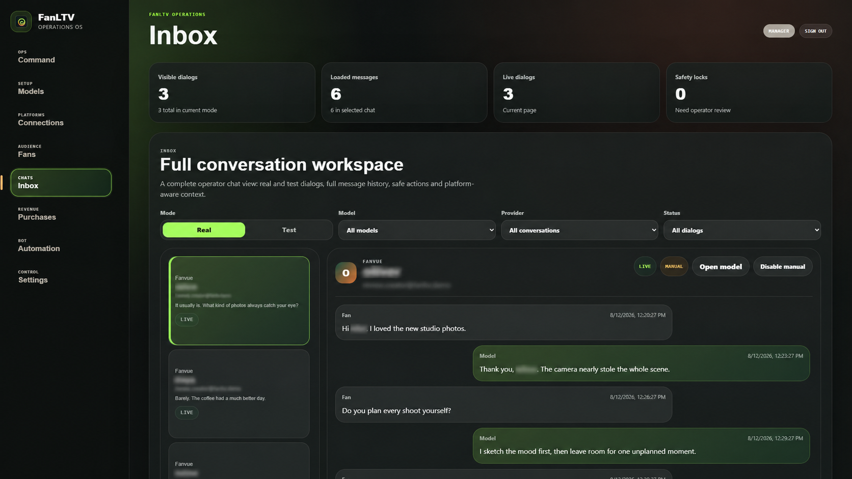 FanLTV unified inbox with account identifiers redacted